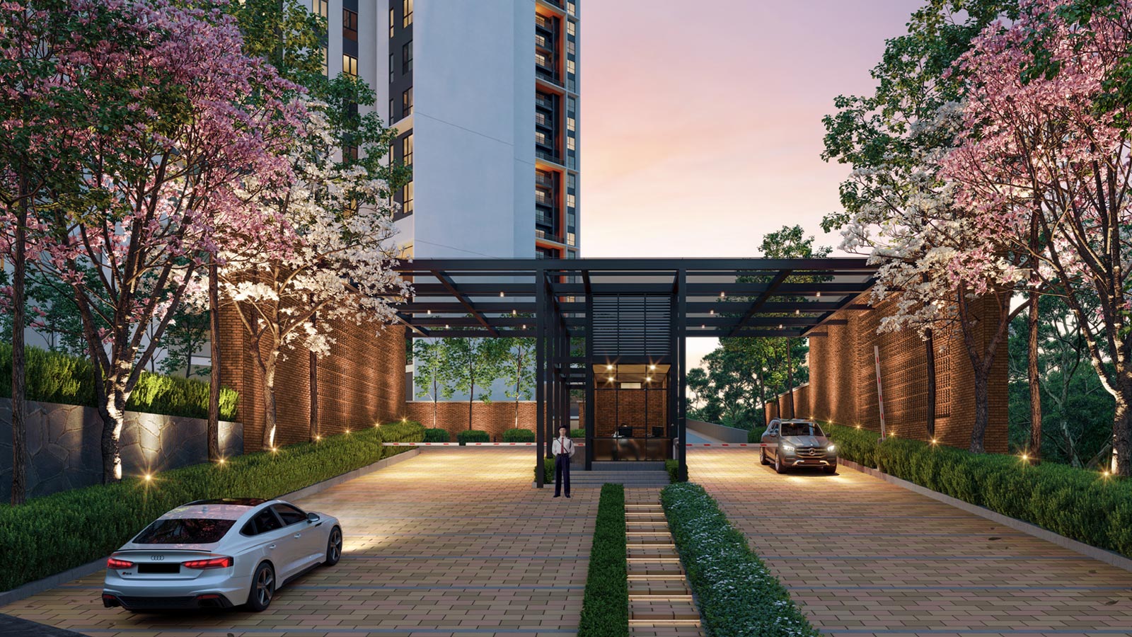 Artist's impression of Papyrus North Kiara: the entrance drive beneath blossoming trees at dusk