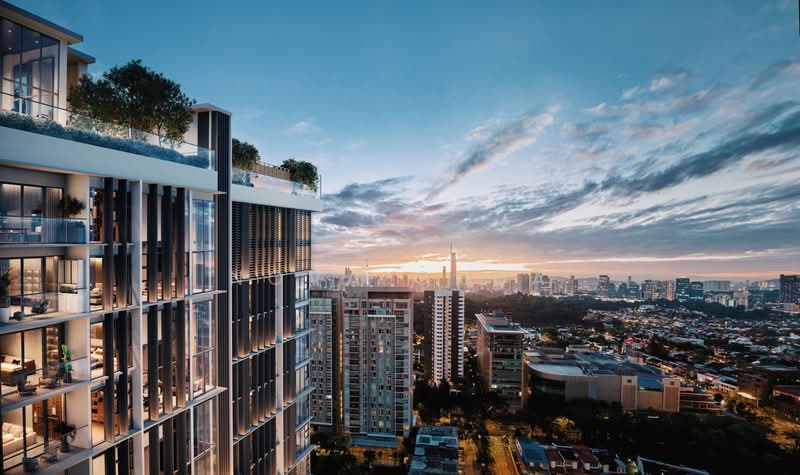 Artist's impression of One Eleven Menerung: the tower facade and planted roof terrace with the city skyline beyond