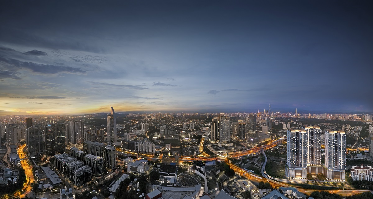 Artist's impression of River Park @ Bangsar South: aerial night cityscape with lit residential towers at right