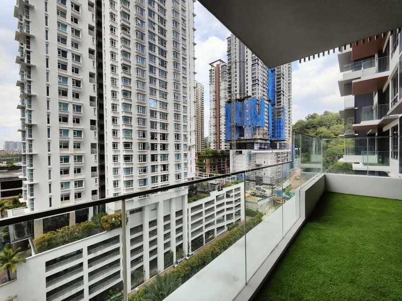 Trinity Pentamont: Outlook from a turfed balcony toward neighbouring apartment towers and a construction site