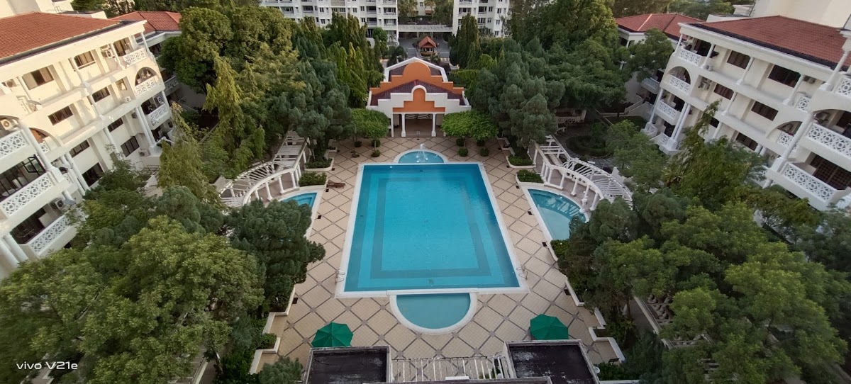 Tivoli Villas: the pool courtyard between the blocks, from above