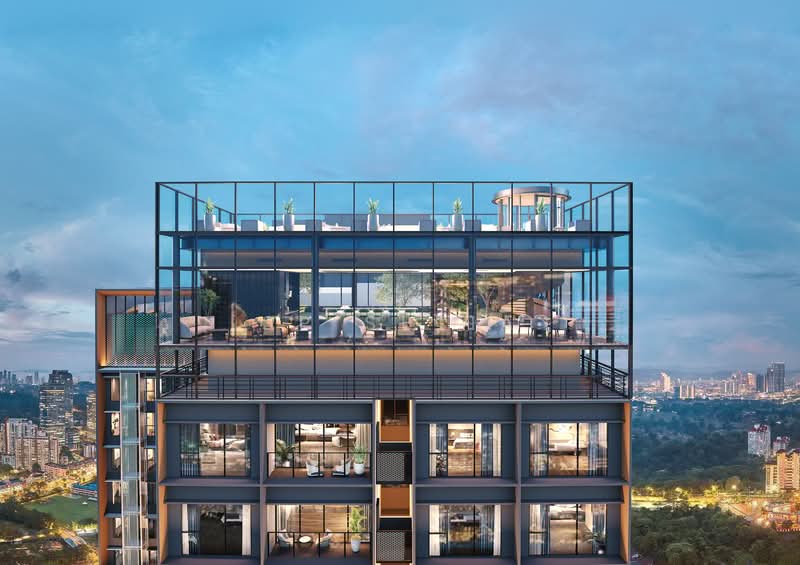 Artist's impression of Parkside Residences @ Setia Federal Hill: the top floors of a tower, with a glazed rooftop lounge and terrace