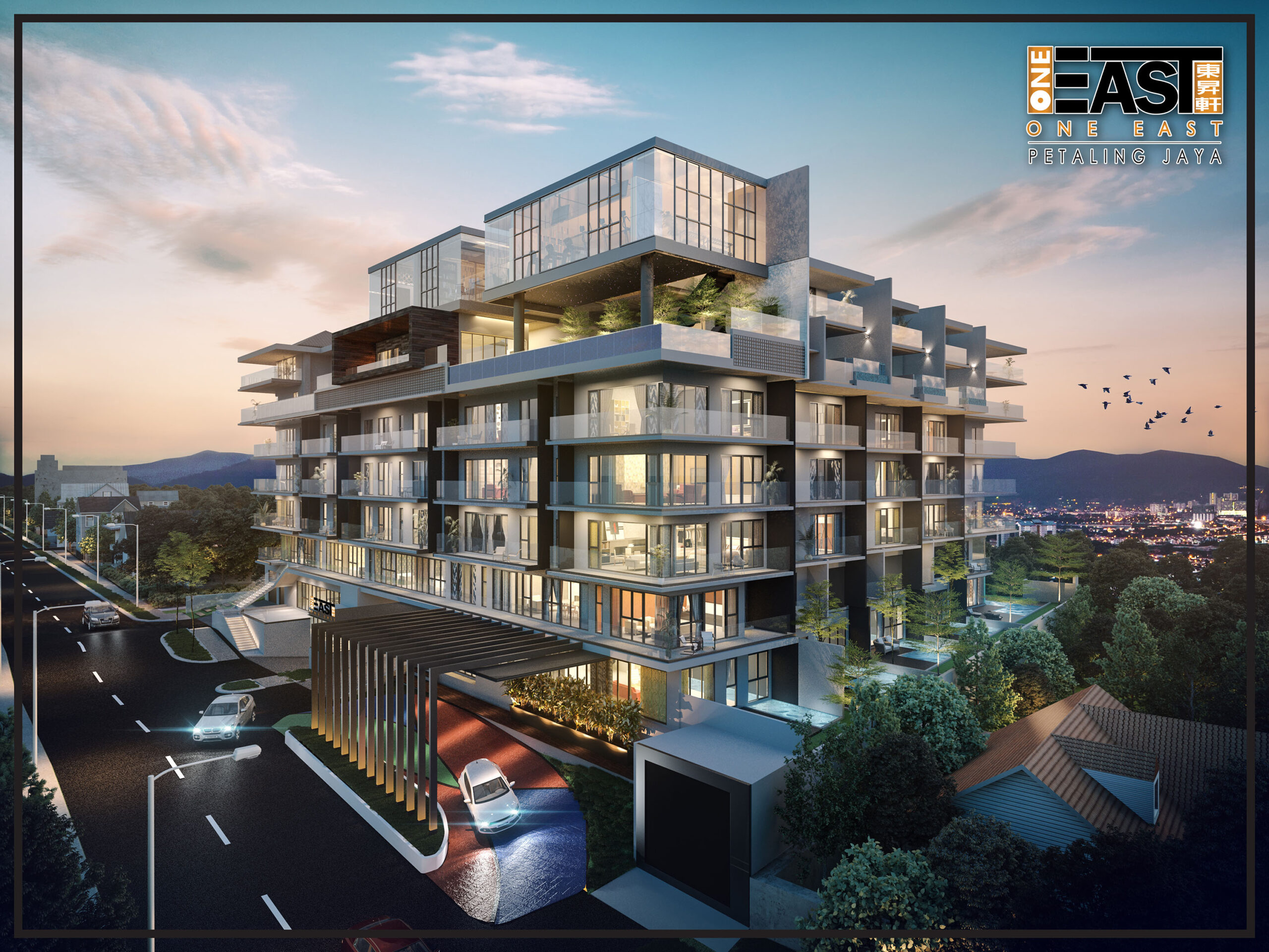 Artist's impression of One East: the block's corner above the drive at dusk