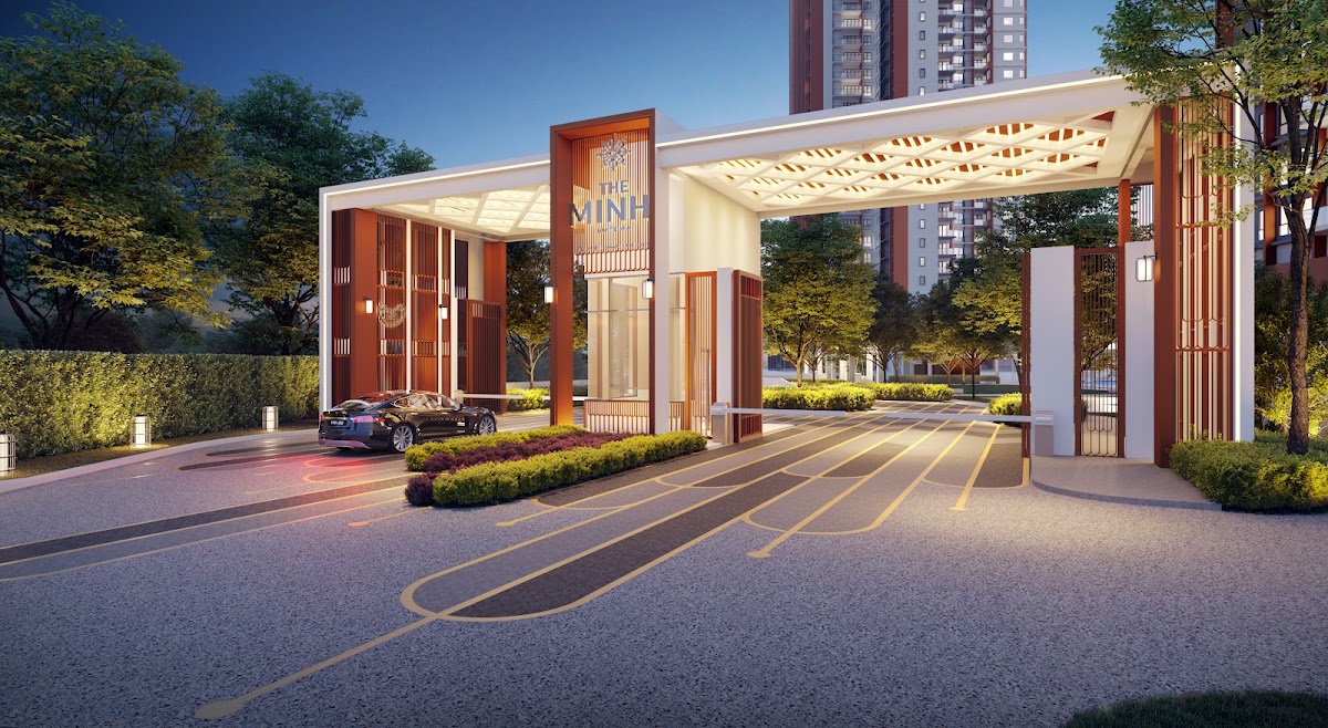 Artist's impression of The MINH: the gated entrance and its name at dusk