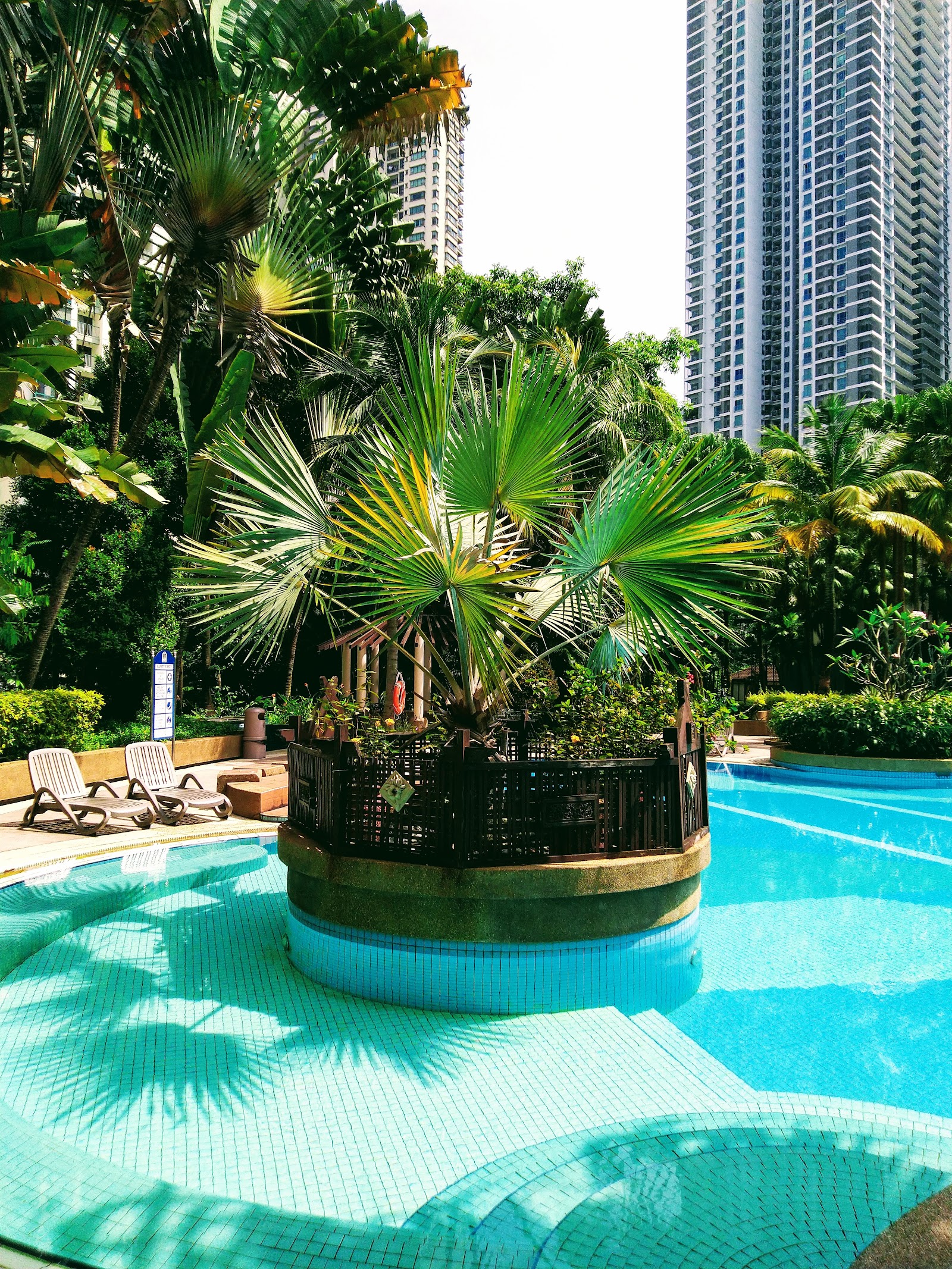 Mont Kiara Sophia: Swimming pool with a central planted island of palm trees, surrounded by lounge chairs and lush landscaping, with high-rise towers in the background