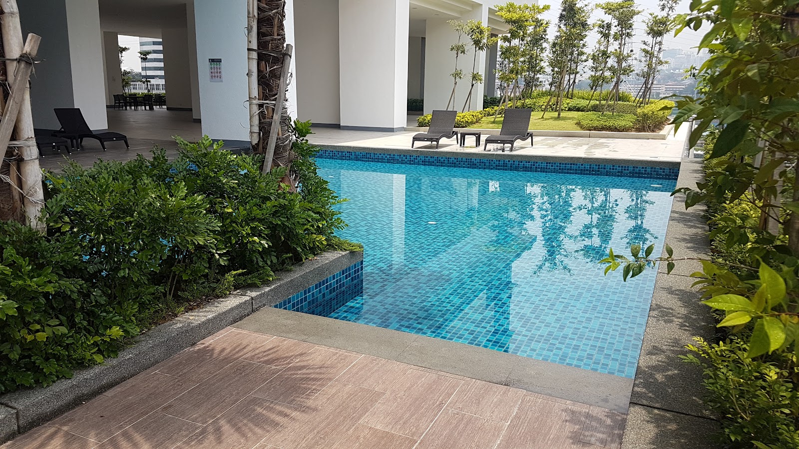 South View: Swimming pool with sun loungers surrounded by greenery at a residential development