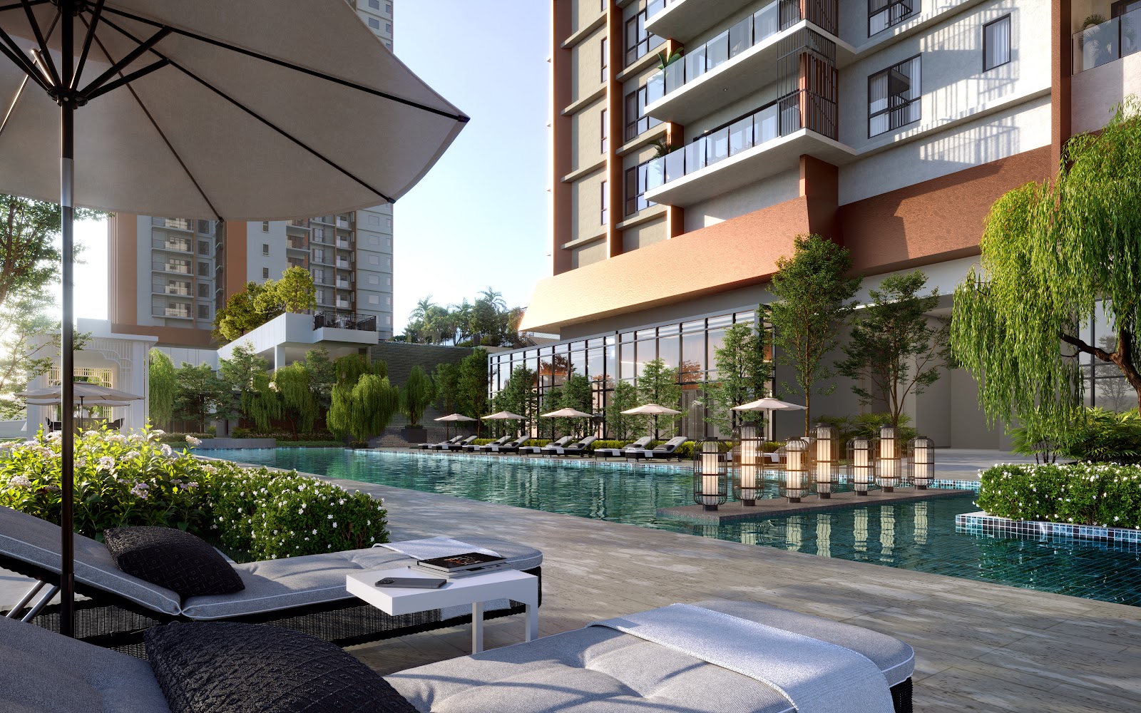 Artist's impression of The MINH: CGI rendering of a poolside lounge area with umbrellas, loungers, and landscaped gardens in front of a residential tower development