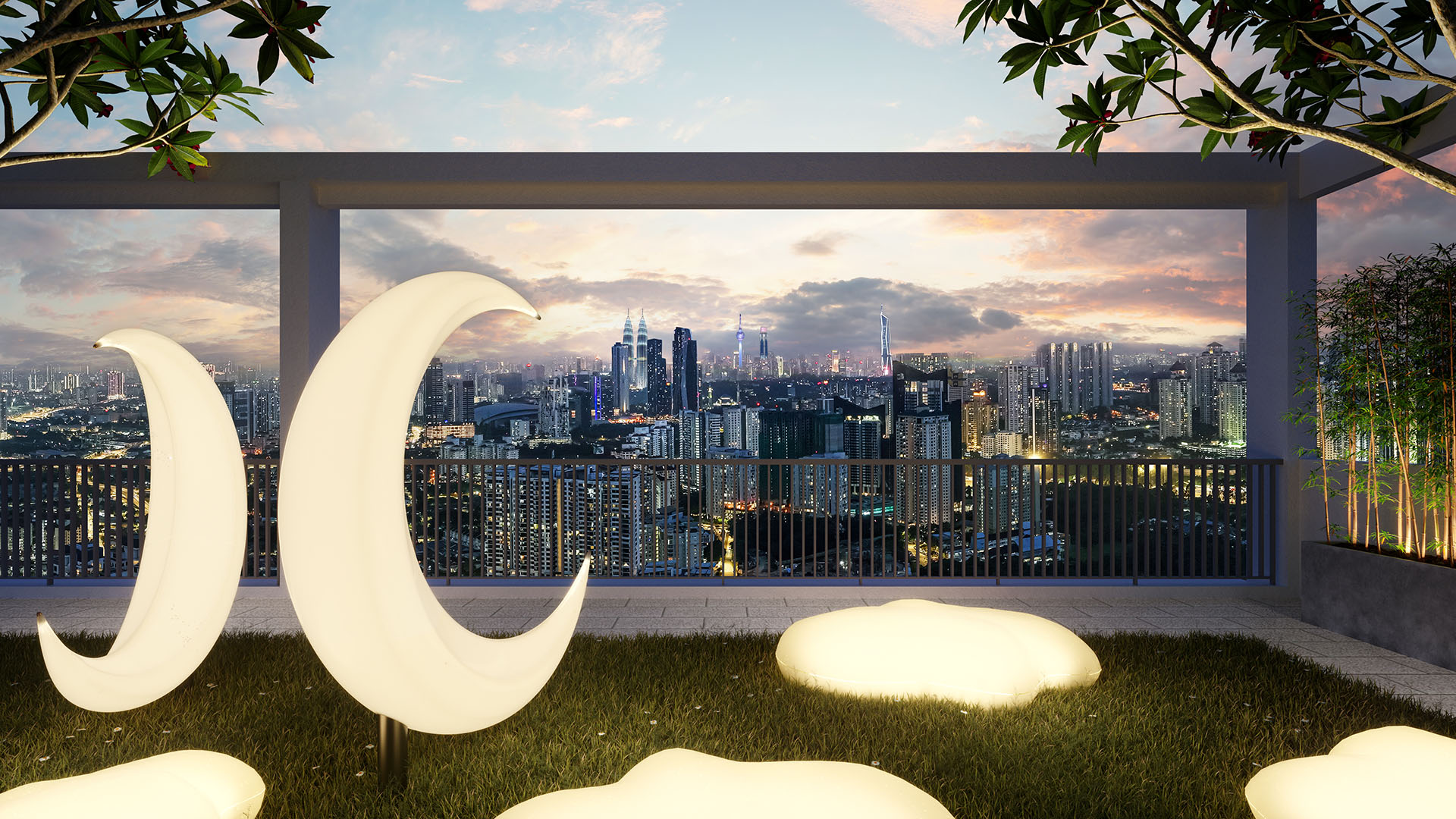 Artist's impression of Tangen Residences @ North Kiara: city skyline at dusk seen from planted roof terrace