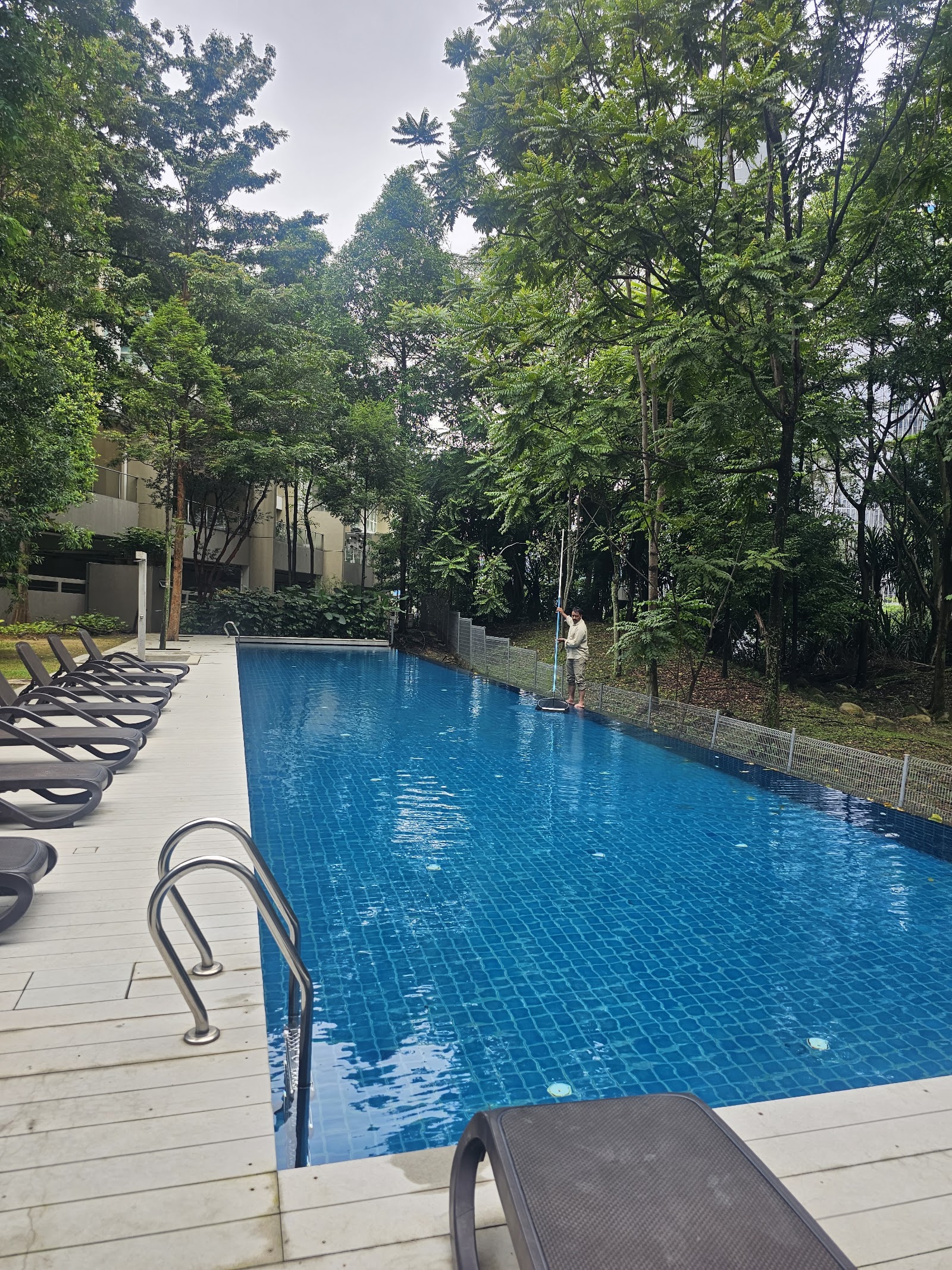 One Menerung: A lap pool with sun loungers surrounded by lush trees, with a worker cleaning the pool