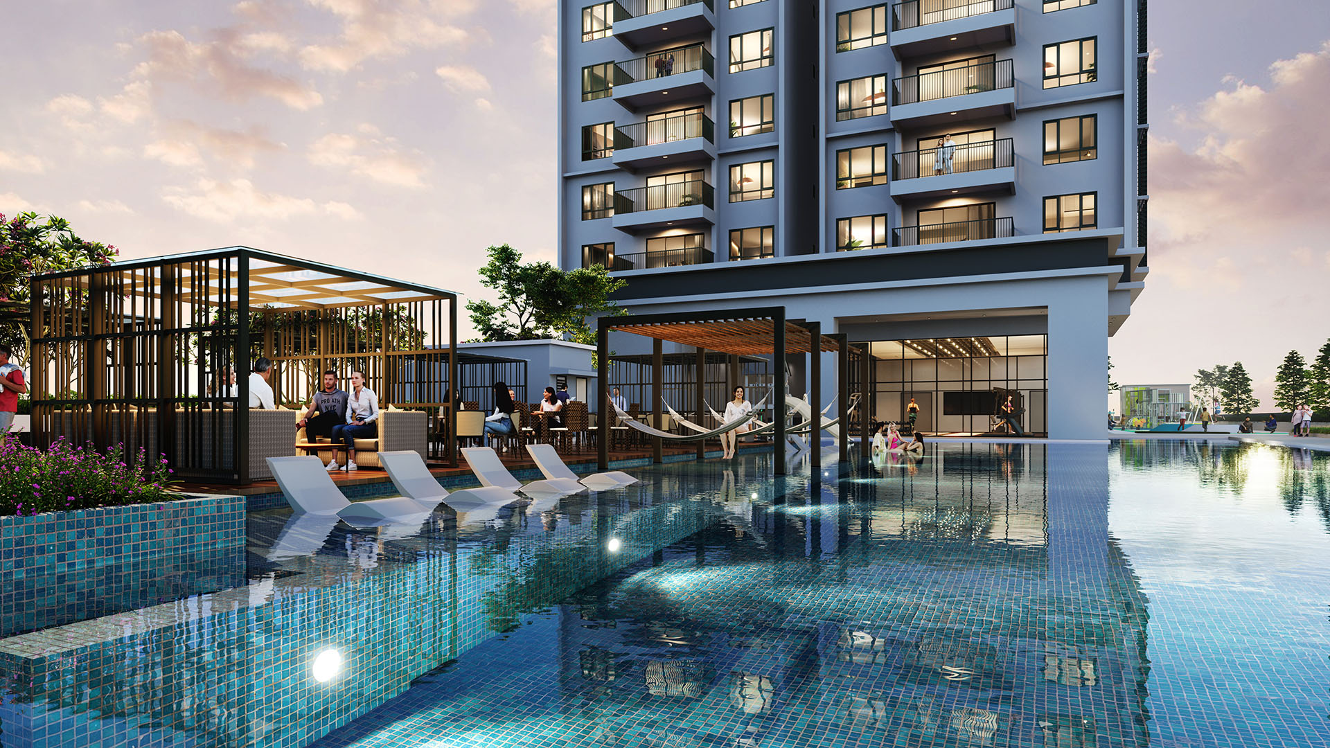 Artist's impression of Tangen Residences @ North Kiara: pool, loungers and cabanas at the base of residential tower