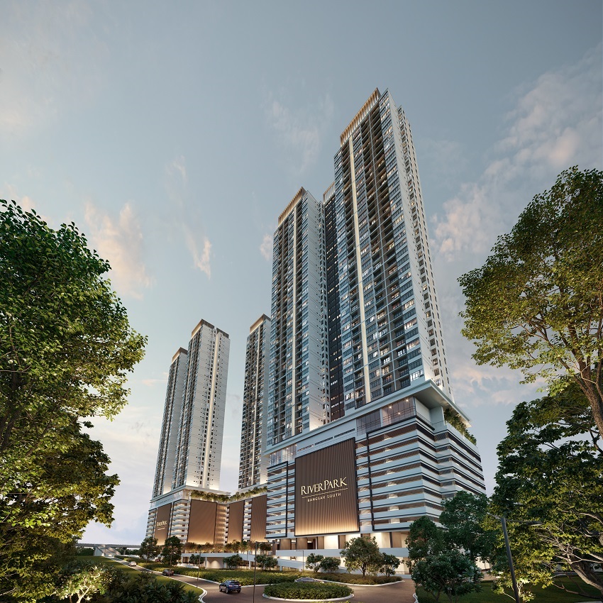 Artist's impression of River Park @ Bangsar South: River Park tower facade seen from tree-lined street