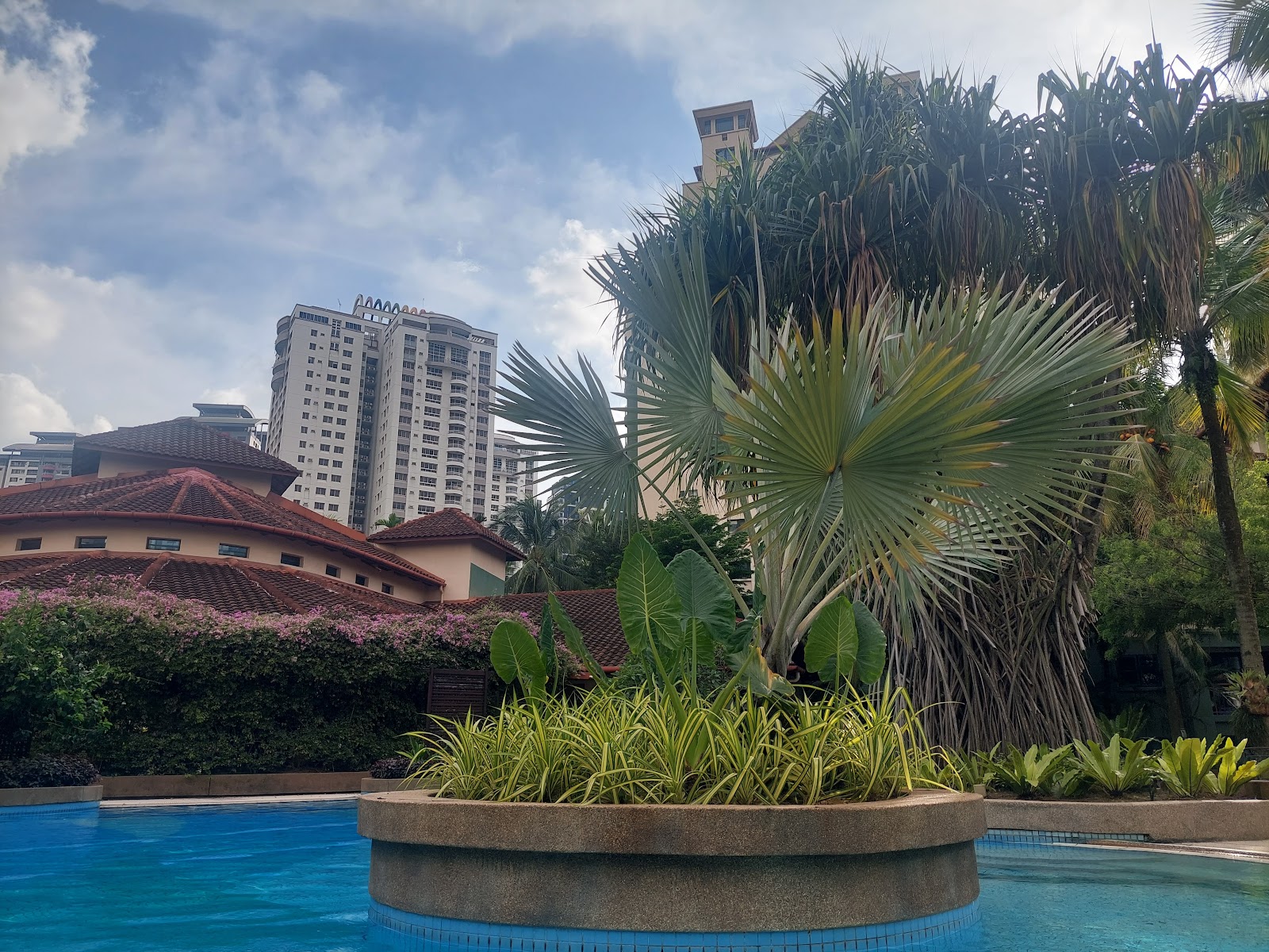 Mont Kiara Sophia: Pool area with tropical palm trees, surrounding low-rise tiled roof buildings and a tall condominium tower in the background