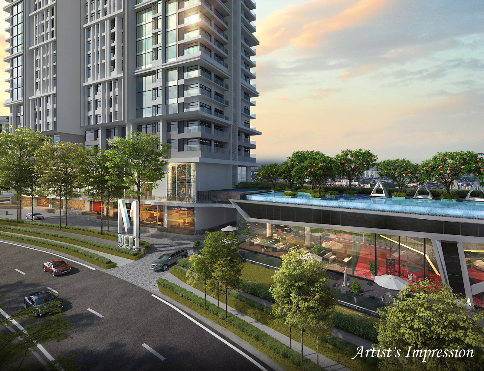 Artist's impression of MET 1 Residences: Street-level render of a residential tower, podium and roadside entrance signage