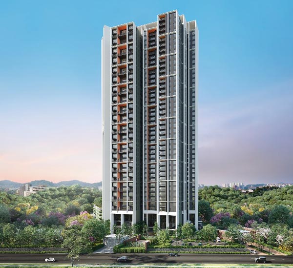 Artist's impression of Papyrus North Kiara: a slender residential tower seen from the road, framed by trees