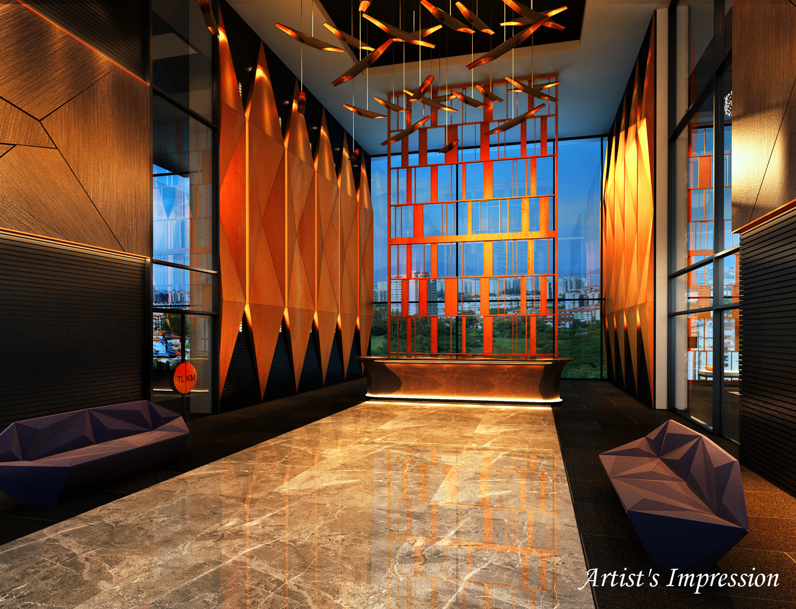 Artist's impression of MET 1 Residences: Double-height lobby with reception counter, marble floor and hanging light sculpture