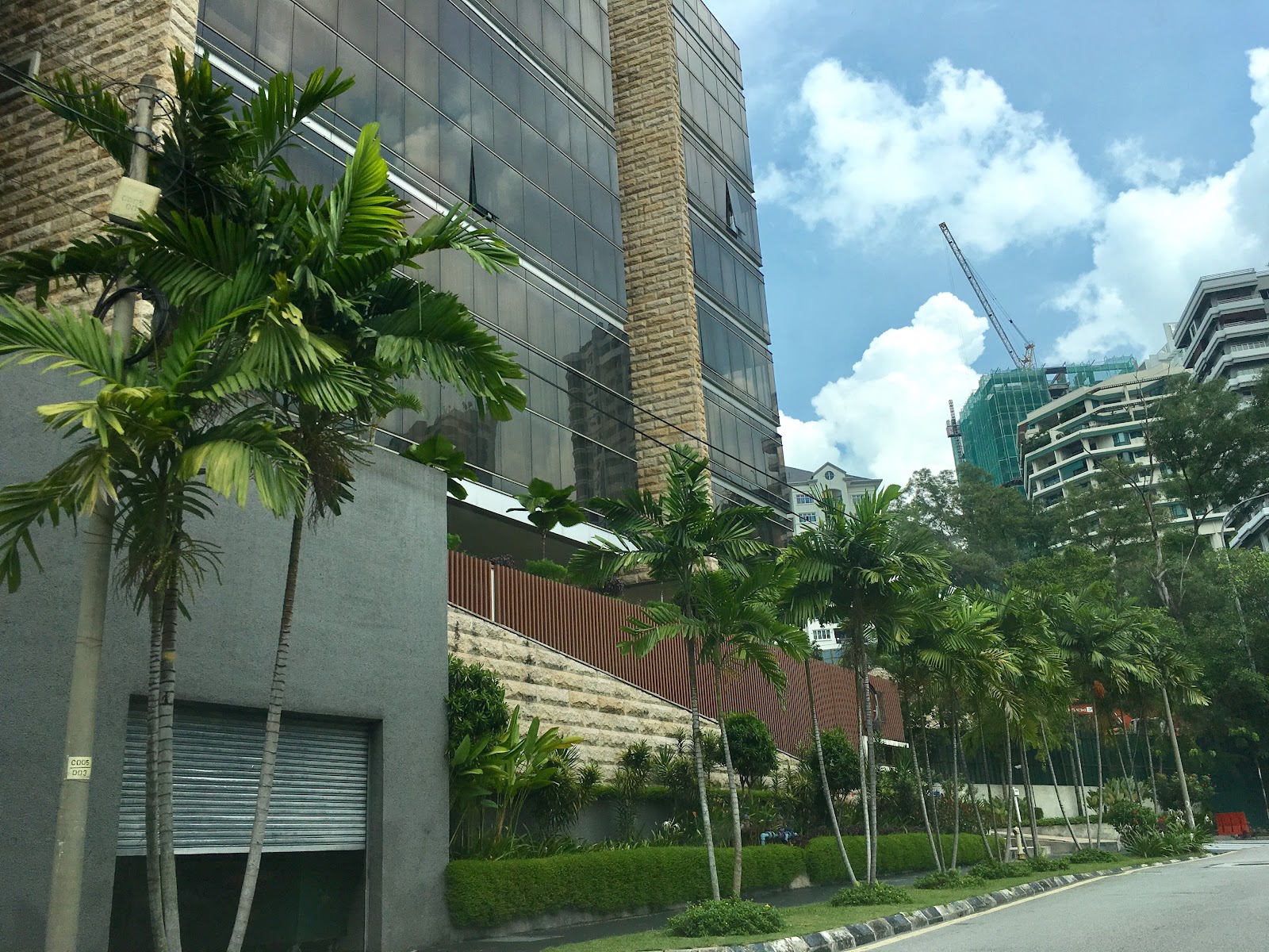 The Loft: Street view of a building exterior with palm trees lining a sidewalk, glass and stone facade, and other high-rise buildings with a construction crane in the background