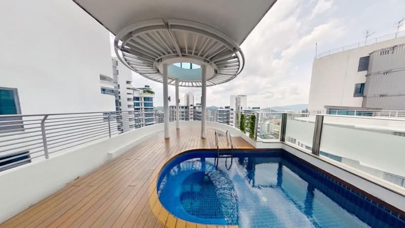 11 Mont Kiara: Small rooftop pool on a timber deck with canopy and railings