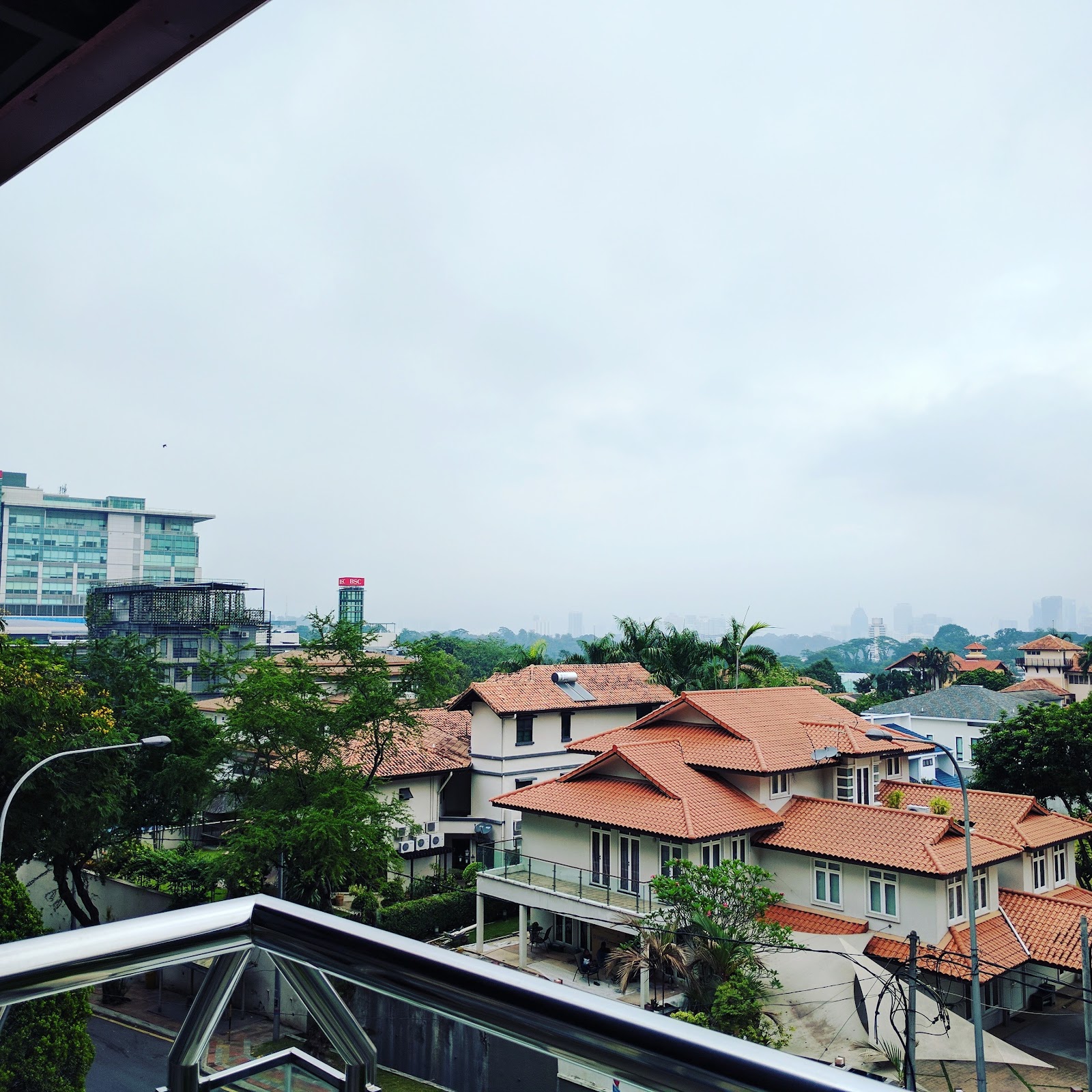Cascadium: View from a balcony over rooftops, trees, and distant city skyline under overcast sky
