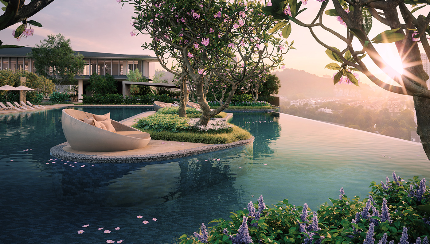 Artist's impression of Miranda Hill @ North Kiara: Infinity pool with a planted island, daybed and clubhouse at sunset