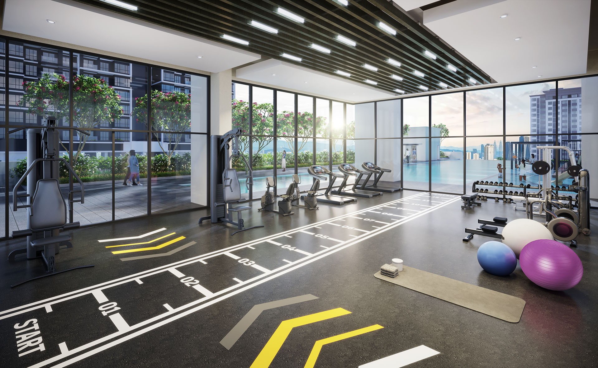 Artist's impression of Tangen Residences @ North Kiara: gym with treadmills and floor track beside glazed pool wall