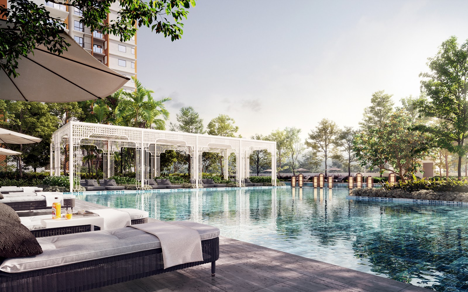 Artist's impression of The MINH: CGI render of a swimming pool area with lounge chairs, white pergola, and surrounding trees at a residential development