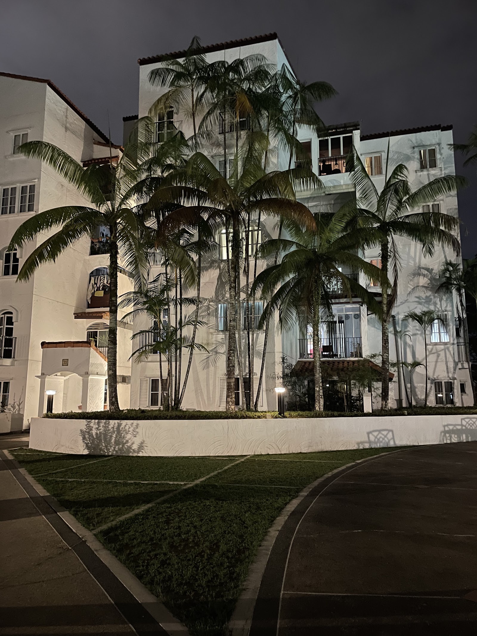 Andalucia: Night view of a white multi-story residential building facade surrounded by tall palm trees and landscaped grounds