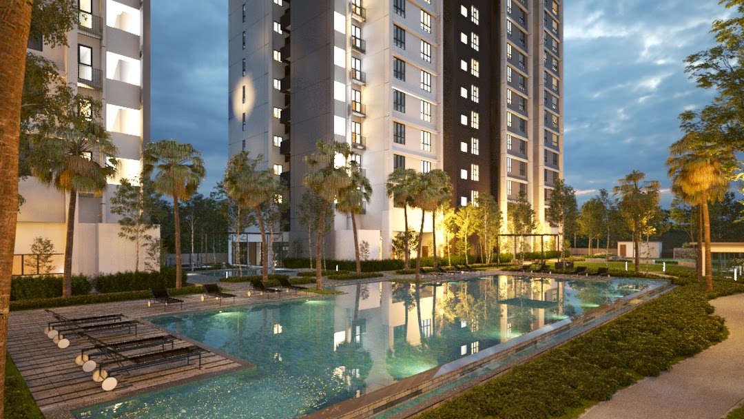 Artist's impression of 121 Residences: the pool and towers at dusk
