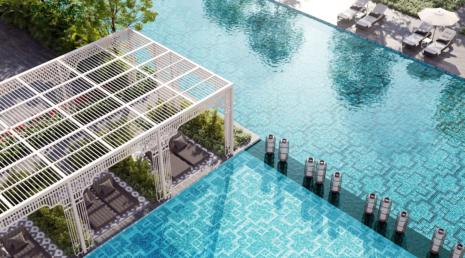 Artist's impression of The MINH: Computer-generated rendering of an infinity pool with a pergola-covered lounge area and floating lanterns