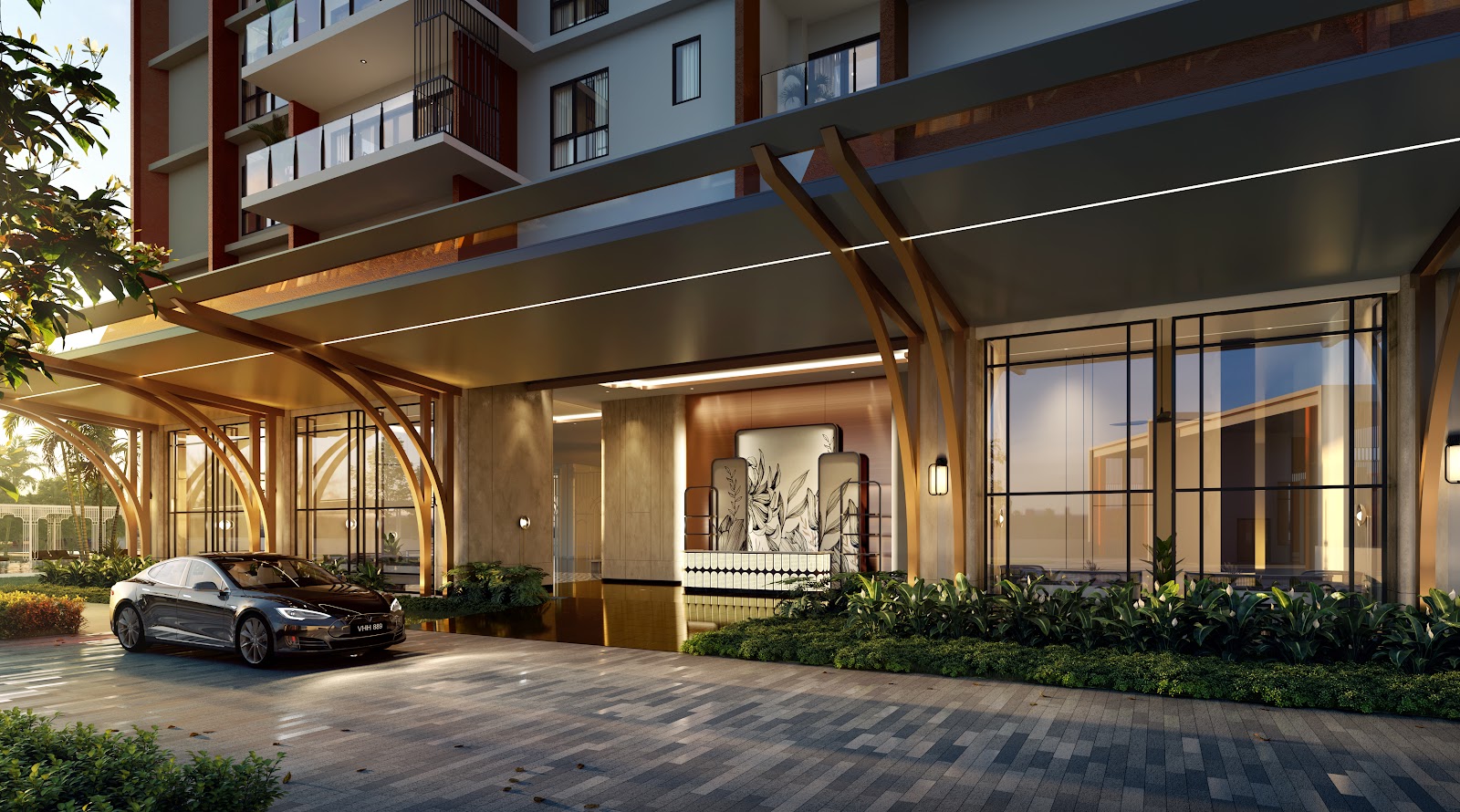Artist's impression of The MINH: CGI rendering of a residential building entrance with covered driveway, wooden pillar canopy, glass facade, landscaping and a car parked under the porte-cochere