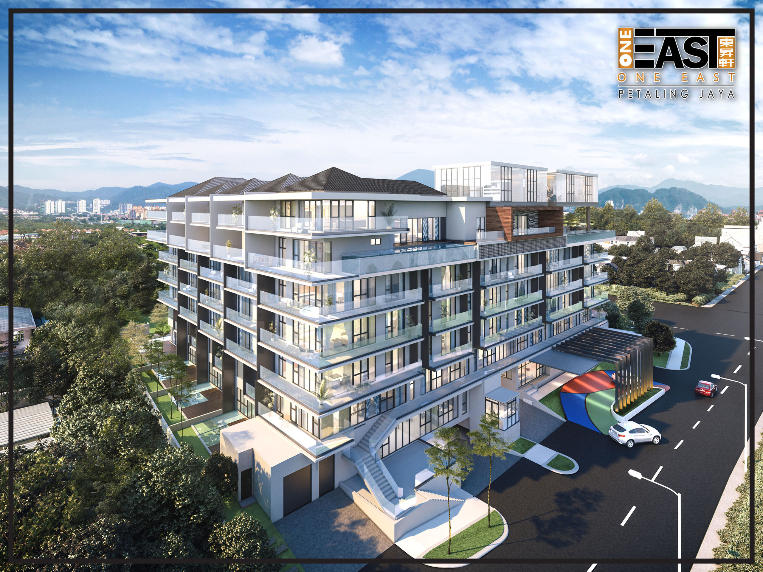 Artist's impression of One East: the block from above in daylight, hills beyond