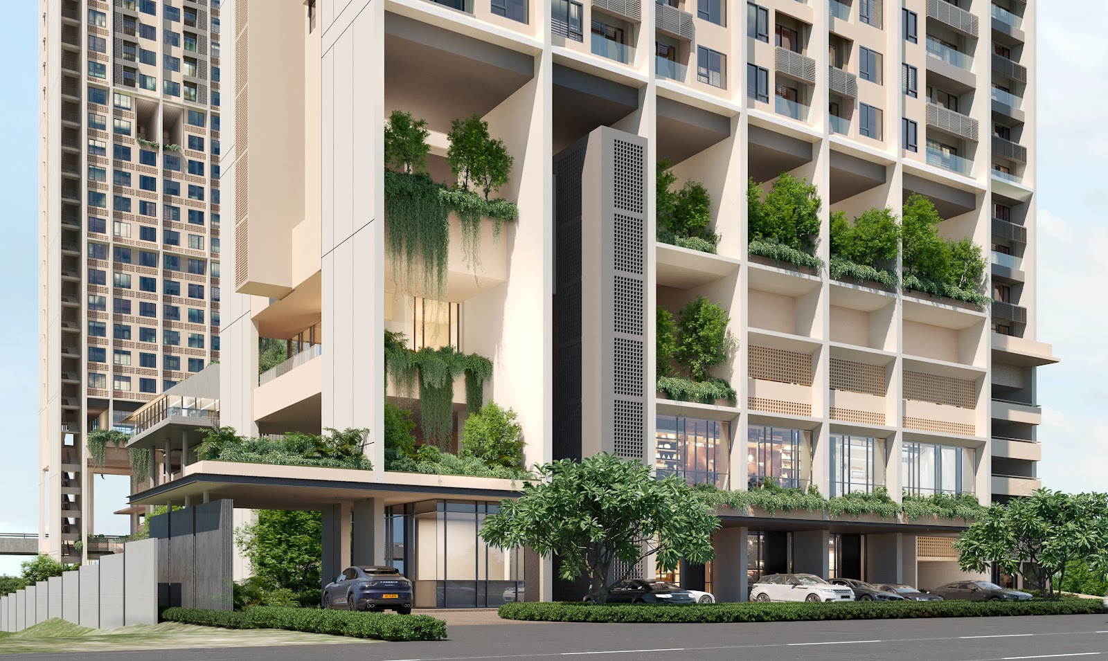 Artist's impression of Aviera Skye Bangsar South: CGI render of a residential tower exterior with greenery-filled balconies, entrance drop-off with cars, and adjacent buildings