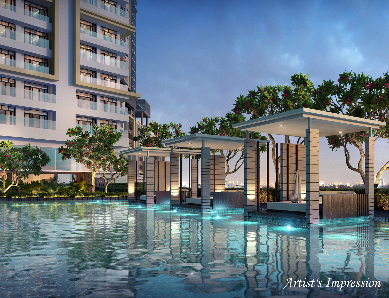 Artist's impression of MET 1 Residences: Swimming pool with lit poolside cabanas and flowering trees at dusk