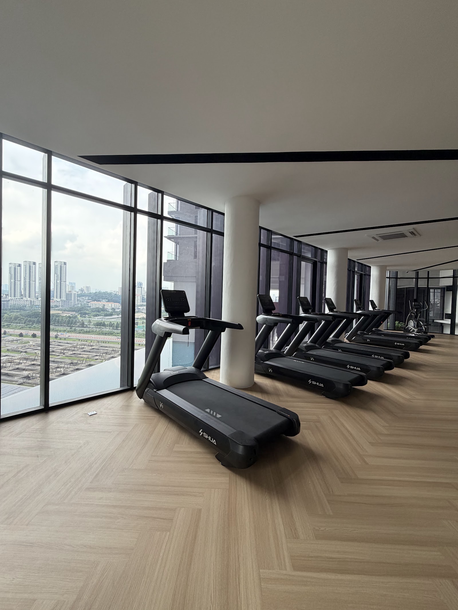 Nestree Residence: Row of treadmills in a gym overlooking a city skyline through floor-to-ceiling windows