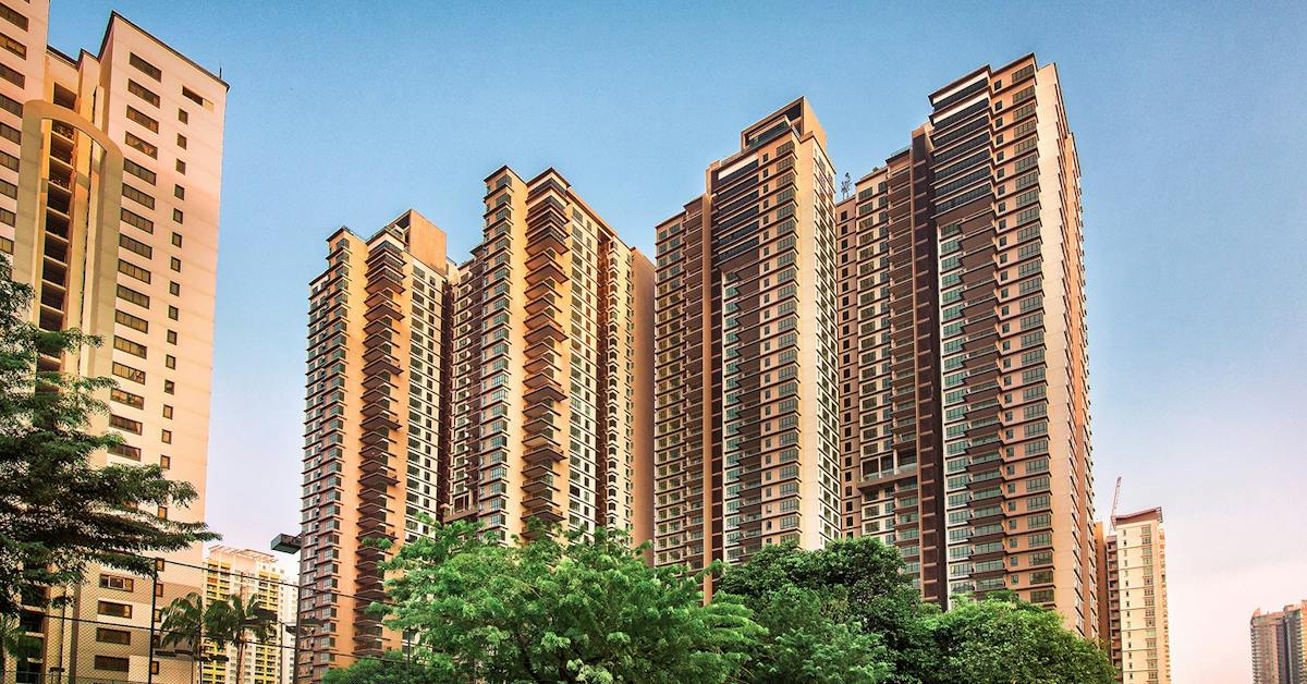 Residensi 22: the towers above the trees in evening light