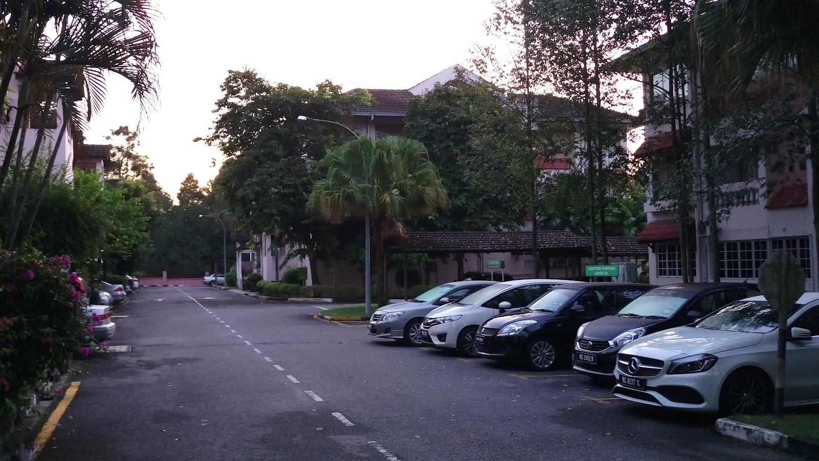 Kiara Green Townhouses: A parking area with several cars lined up in front of residential buildings, surrounded by trees and greenery in the evening light.