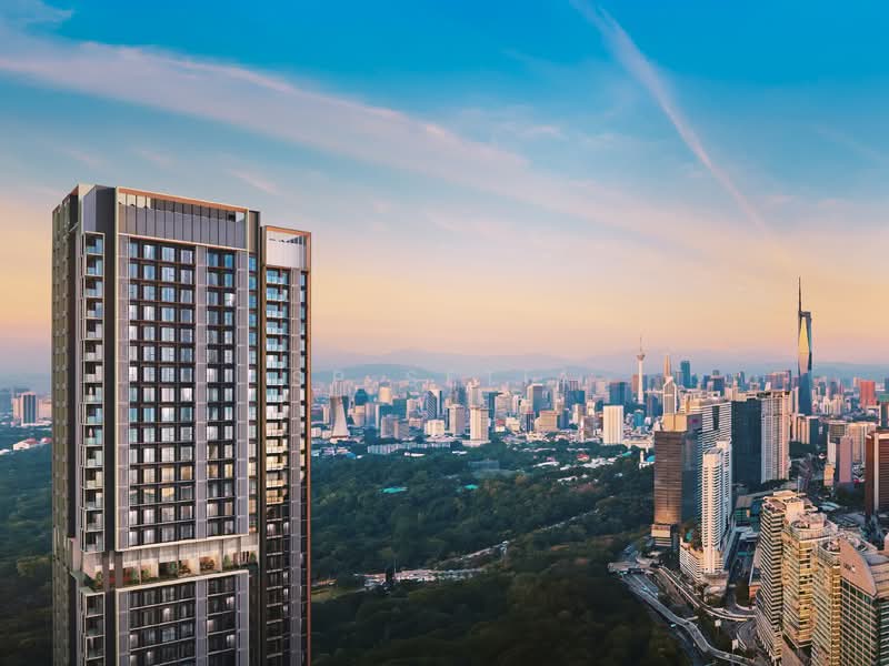 Artist's impression of Parkside Residences @ Setia Federal Hill: a high-rise tower above treetops with the city skyline behind