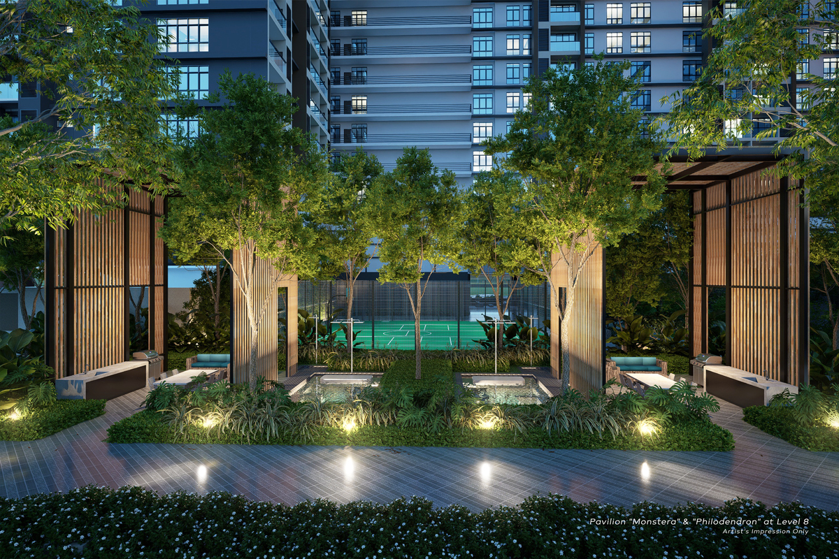 Artist's impression of Khaya Residences: pavilions beside the pool deck on level 8