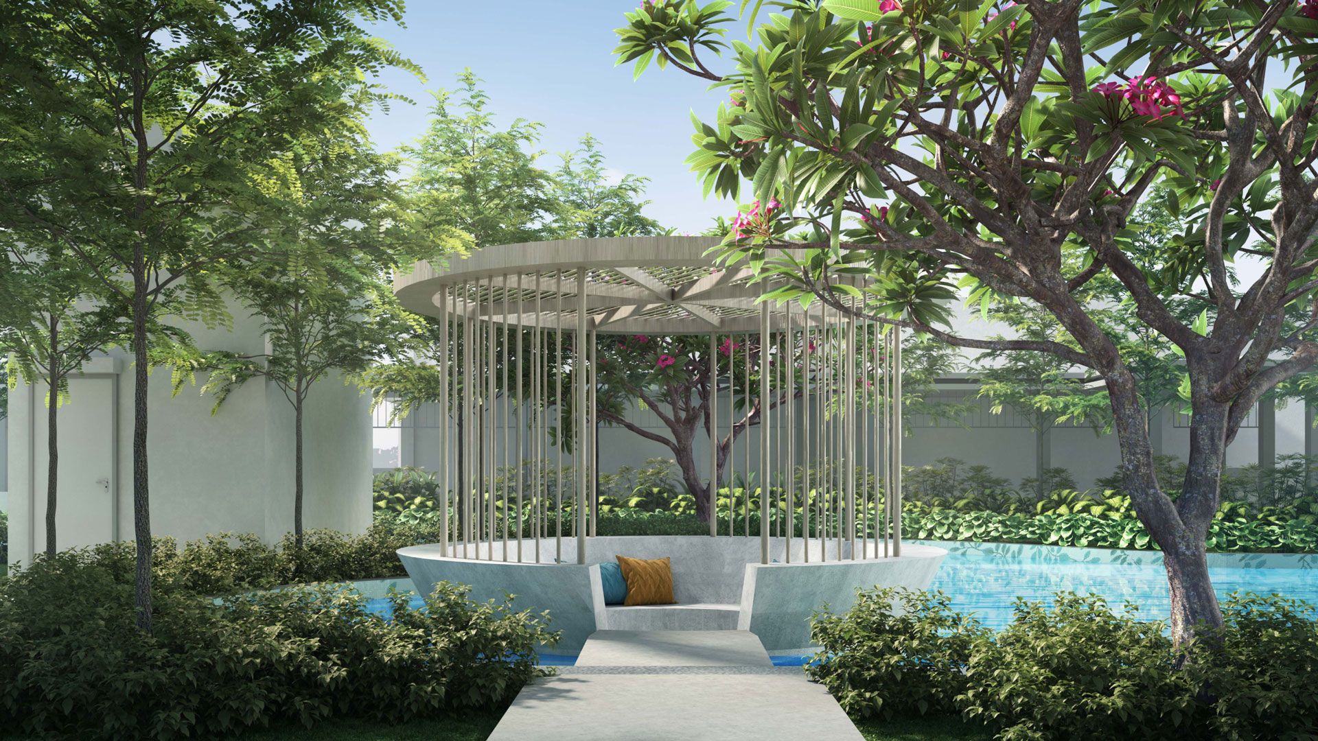 Artist's impression of Kiaramas deDaun Phase 2: Garden render with a circular slatted pavilion and bench beside a pool