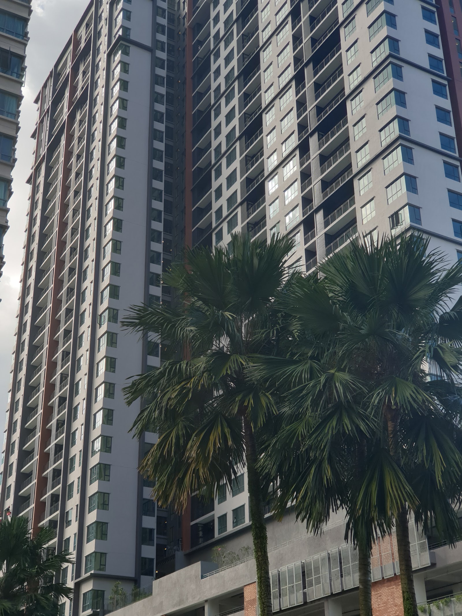 Sunway Mont Residences: High-rise residential towers viewed from ground level with palm trees in the foreground