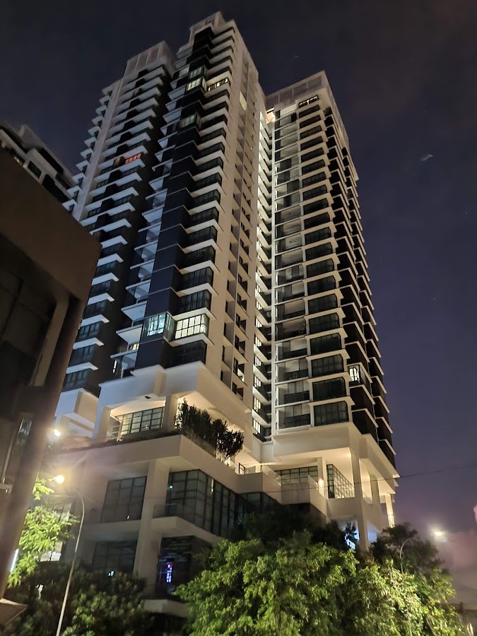 The Greens: the tower lit at night