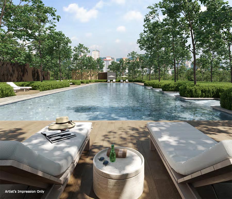 Artist's impression of Papyrus North Kiara: the lap pool with loungers, trees beyond