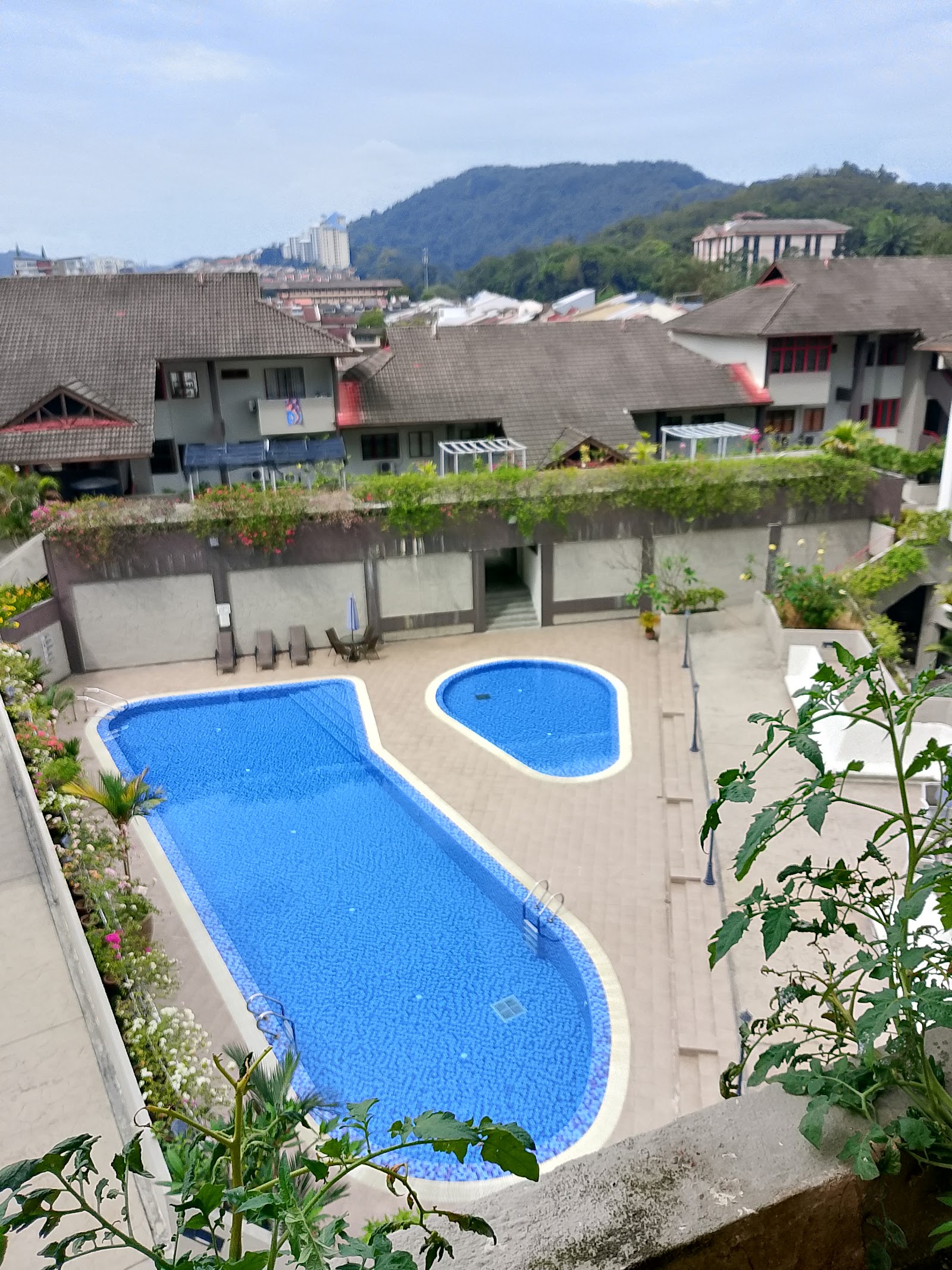 Trellises: Aerial view of a shared swimming pool with a smaller adjoining pool, surrounded by loungers, a trellis and greenery, with residential buildings and hills in the background