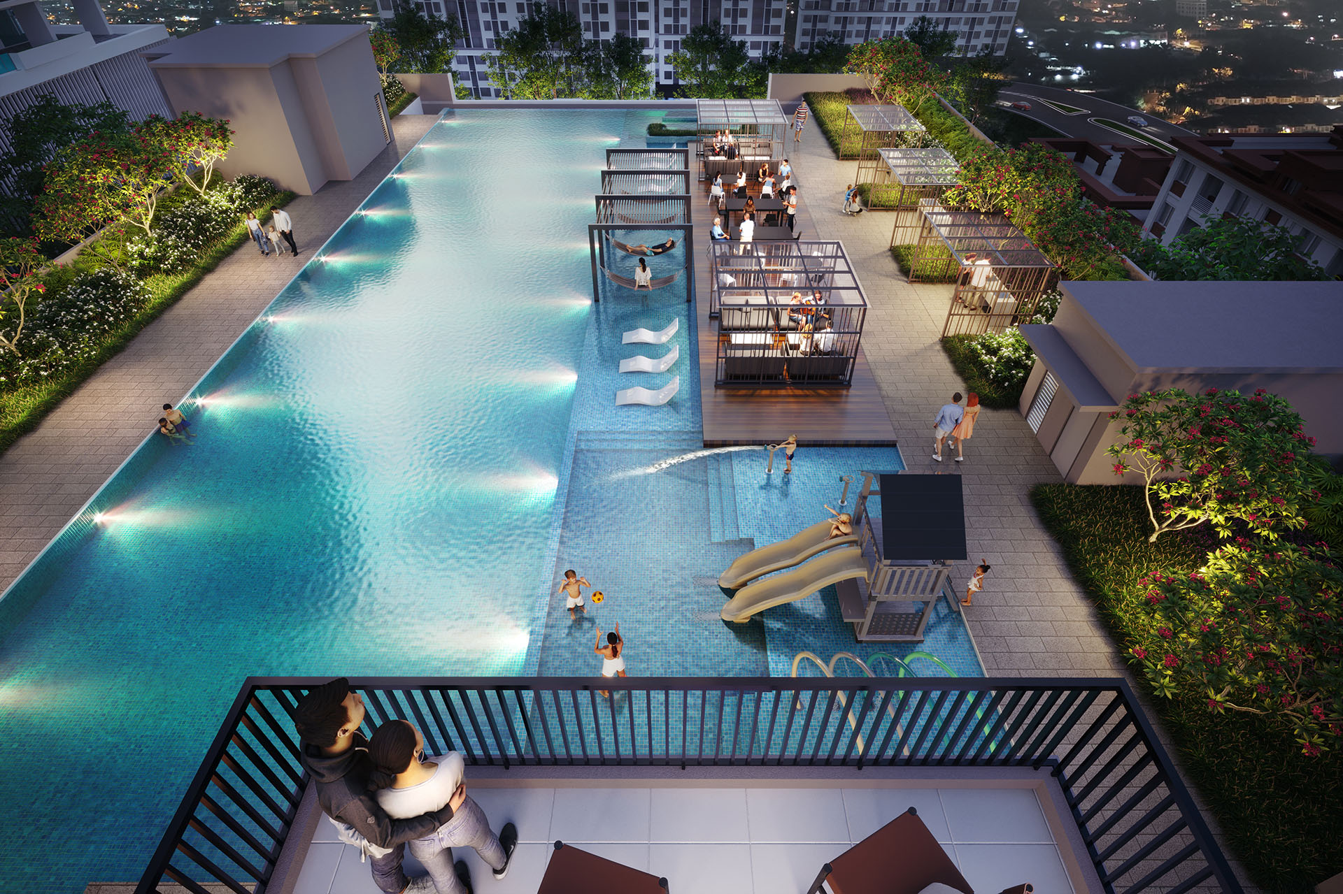 Artist's impression of Tangen Residences @ North Kiara: aerial of rooftop pool deck with cabanas, slide and loungers