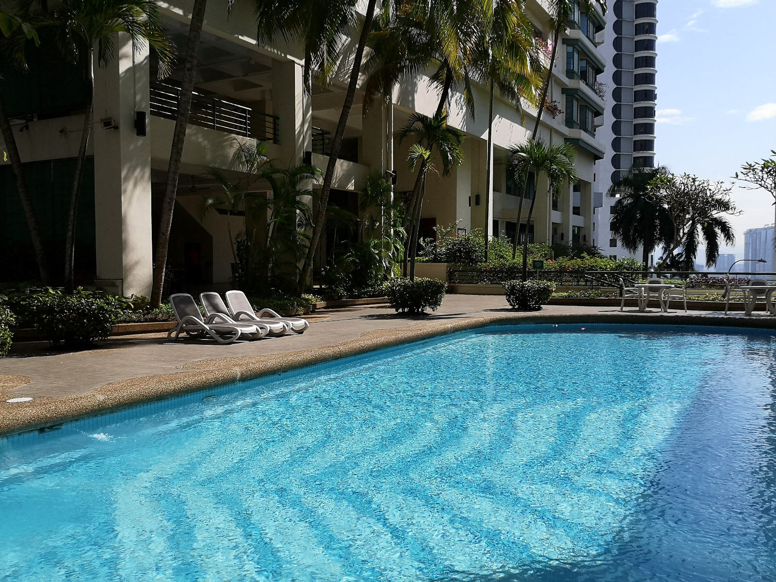 Araville: A swimming pool with lounge chairs beside a residential building, surrounded by palm trees and gardens