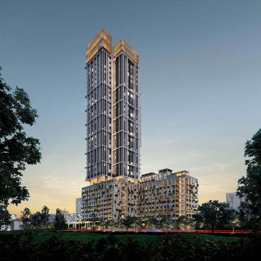Artist's impression of The Lantern Bangsar: the tower and its podium at dusk