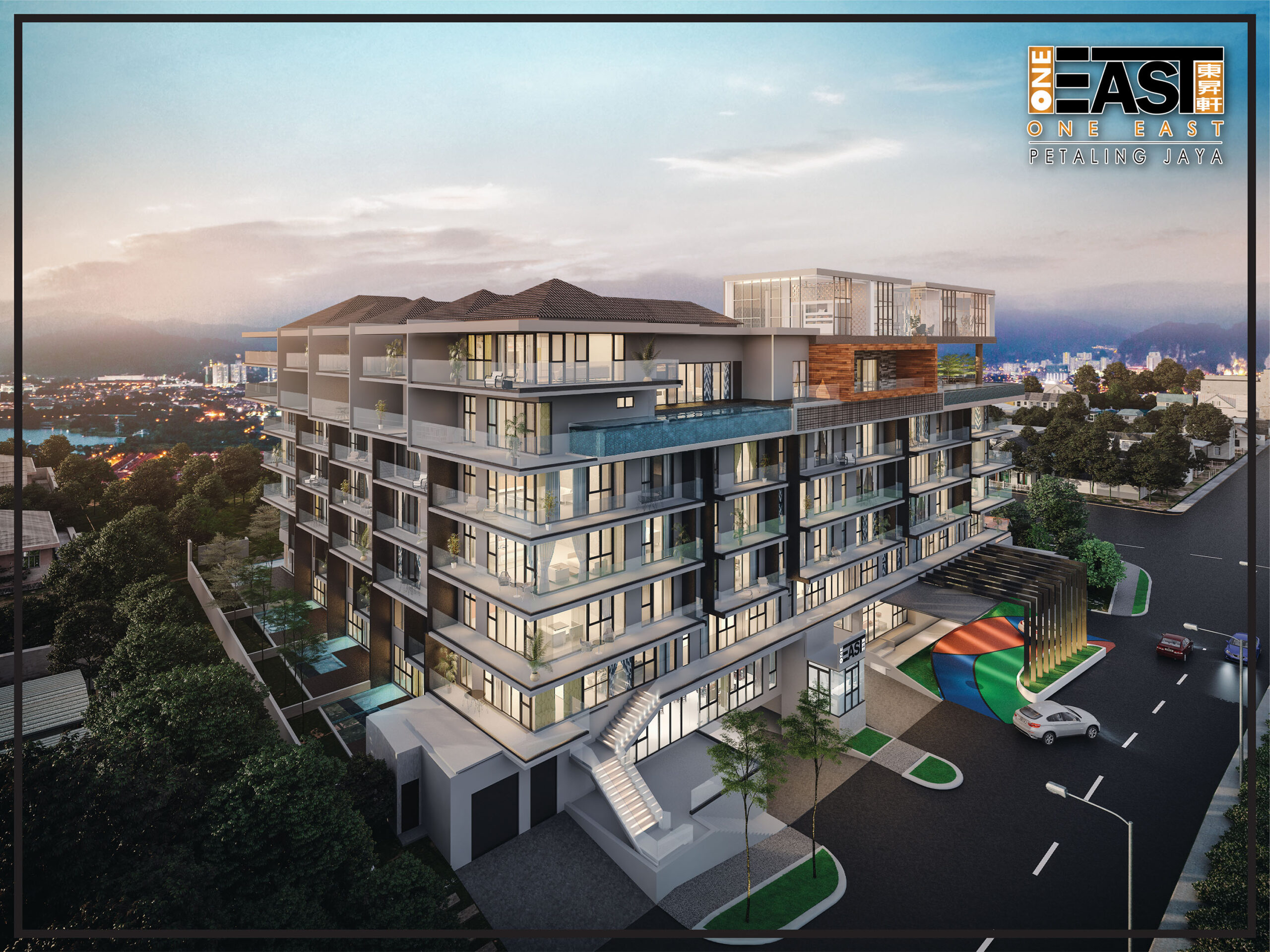Artist's impression of One East: the block above its entrance drive at dusk