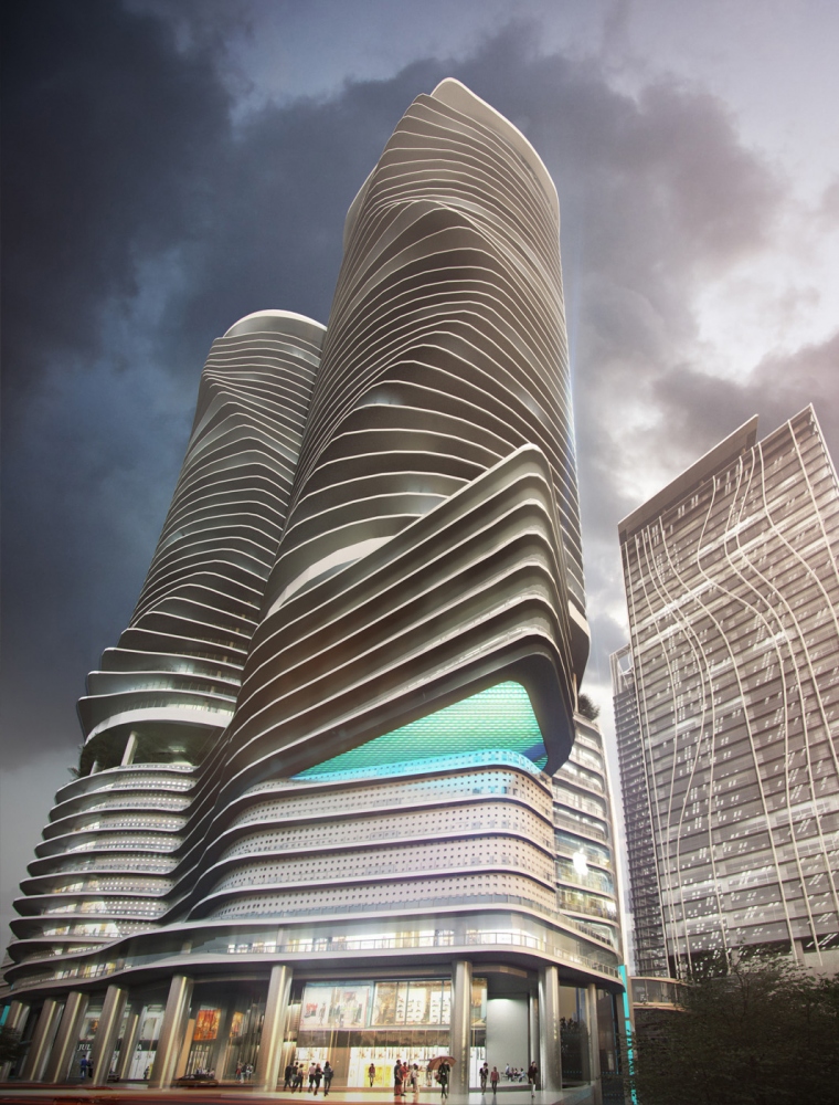 Artist's impression of KL Gateway, Premium Residences: A computer-generated architectural rendering of a modern curvilinear skyscraper with wavy balcony floors, shown against a dramatic cloudy sky with an adjacent building in the background