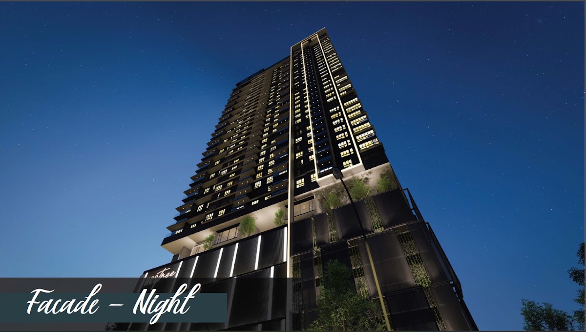 Artist's impression of Nestree Residence: the tower lit at night