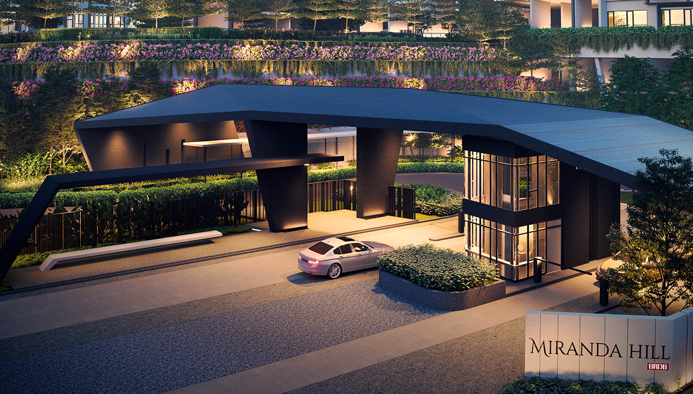 Artist's impression of Miranda Hill @ North Kiara: a gatehouse and entrance canopy with a car at the barrier at dusk