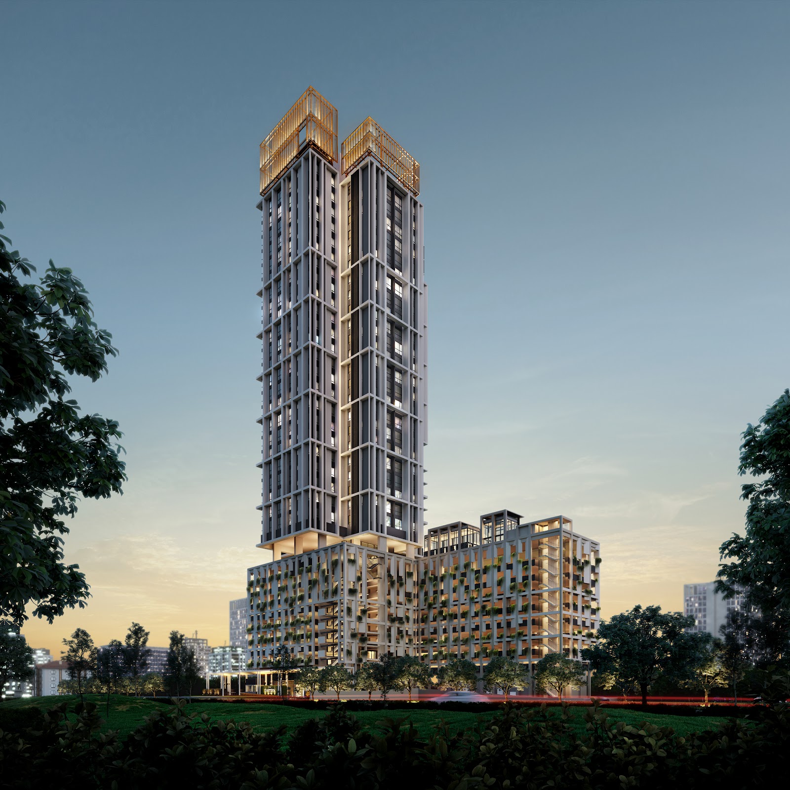 Artist's impression of The Lantern Bangsar: CGI rendering of a tall twin-tower residential development with landscaped podium and greenery, surrounded by trees and other buildings at dusk